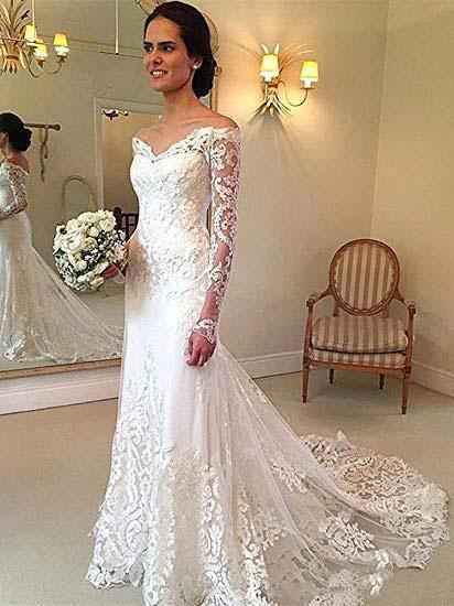 Off the Shoulder Lace Long Sleeve Mermaid V Neck Covered Button Wedding Dresses