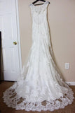 Simple Mermaid Lace Appliques Ivory Cap Sleeves Button Long V Neck Wedding Dresses