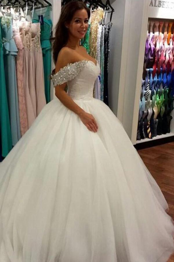 Wonderful Ball Gown Beaded Off the Shoulder Sweetheart Tulle White Wedding Dresses