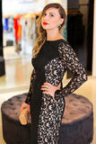 Sexy Black Mermaid Lace Long Sleeve High Neck Floor-Length Backless Plus Size Prom Dresses