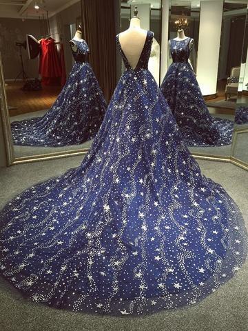 Chic Ball Gown Dark Navy Scoop Sweep Train Tulle Modest Rhinestone Long Prom Dresses