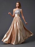 A-Line/Princess One-Shoulder Sleeveless Paillette Long Elastic Woven Satin Dresses TPP0002200