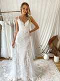 Trumpet/Mermaid Tulle Applique V-neck Sleeveless Sweep/Brush Train Wedding Dresses TPP0006783