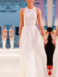 A-Line/Princess Jewel Sleeveless Floor-Length Beading Chiffon Wedding Dresses TPP0006881