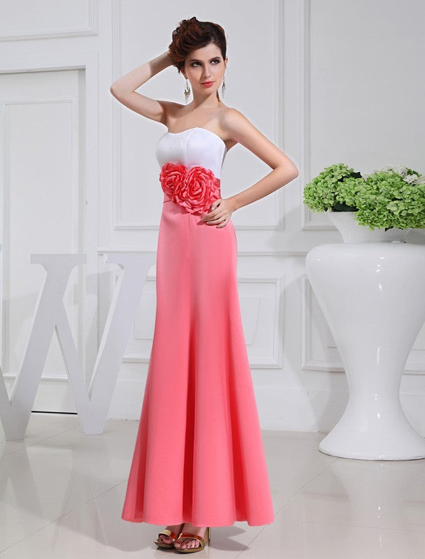 A-Line/Princess Hand-made Flower Sleeveless Satin Long Bridesmaid Dresses TPP0005839