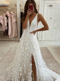 A-Line/Princess V-neck Stretch Crepe Applique Sweep/Brush Train Sleeveless Wedding Dresses TPP0006255