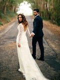 Sheath/Column Long Sleeves V-neck Court Train Applique Lace Wedding Dresses TPP0006431