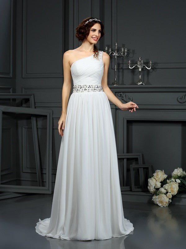 A-Line/Princess One-Shoulder Beading Sleeveless Long Chiffon Wedding Dresses TPP0006706