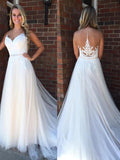 A-Line/Princess Scoop Sleeveless Applique Court Train Tulle Wedding Dresses TPP0006290