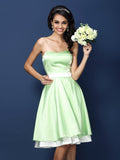 A-Line/Princess Strapless Sleeveless Short Elastic Woven Satin Bridesmaid Dresses TPP0005825
