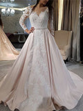 A-Line/Princess Satin Applique V-neck Long Sleeves Sweep/Brush Train Wedding Dresses TPP0006826