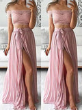 A-Line/Princess Off-the-Shoulder Sleeveless Chiffon Floor-Length Lace Two Piece Dresses TPP0002112