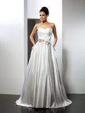 A-Line/Princess Sweetheart Hand-Made Flower Sleeveless Long Satin Wedding Dresses TPP0006608