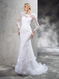 Sheath/Column Sheer Neck Hand-Made Flower Long Sleeves Long Satin Wedding Dresses TPP0006923