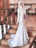 Trumpet/Mermaid High Neck Long Sleeves Sweep/Brush Train Lace Tulle Wedding Dresses TPP0006670