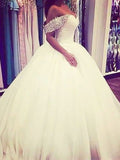 Ball Gown Tulle Off-the-Shoulder Sweep/Brush Train Sleeveless Beading Wedding Dresses TPP0006121