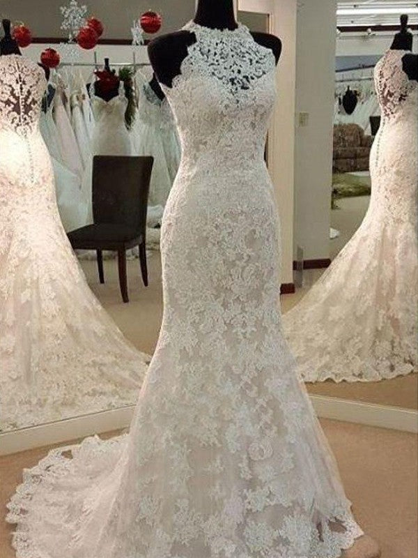 Sheath/Column Sleeveless Scoop Sweep/Brush Train Applique Lace Wedding Dresses TPP0006162