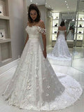 A-Line/Princess Satin Off-the-Shoulder Applique Sleeveless Sweep/Brush Train Wedding Dresses TPP0006195