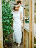 Sheath/Column Chiffon Ruffles Scoop Short Sleeves Floor-Length Wedding Dresses TPP0006912