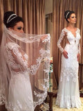 Sheath/Column V-neck Tulle Applique Long Sleeves Sweep/Brush Train Wedding Dresses TPP0006865