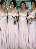 A-Line/Princess V-neck Short Sleeves Floor-Length Chiffon Bridesmaid Dresses TPP0005393