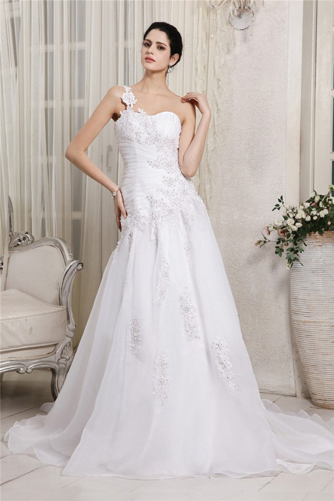 A-Line/Princess One-Shoulder Sleeveless Beading Applique Long Organza Wedding Dresses TPP0006938