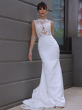 Trumpet/Mermaid Sleeveless Applique Scoop Satin Court Train Wedding Dresses TPP0006530