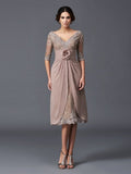 A-Line/Princess V-neck Hand-Made Flower 1/2 Sleeves Short Lace Mother of the Bride Dresses TPP0007039