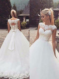 Ball Gown Sleeveless Bateau Lace Tulle Court Train Wedding Dresses TPP0006029