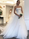 A-Line/Princess Strapless Sleeveless Tulle Sweep/Brush Train Ruffles Wedding Dresses TPP0007002