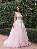 A-Line/Princess Tulle Applique Straps Sleeveless Sweep/Brush Train Wedding Dresses TPP0006077