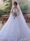 Ball Gown Sweetheart Long Sleeves Sweep/Brush Train Lace Tulle Wedding Dresses TPP0006541