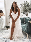 A-Line/Princess Straps Tulle Sweep/Brush Train Applique Sleeveless Wedding Dresses TPP0006883