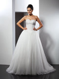A-Line/Princess Sweetheart Applique Sleeveless Long Net Wedding Dresses TPP0006394