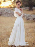 A-Line/Princess Chiffon V-neck Ruched Short Sleeves Floor-Length Wedding Dresses TPP0006035