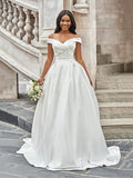 A-Line/Princess Off-the-Shoulder Ruched Sleeveless Satin Court Train Wedding Dresses TPP0005936