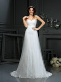 A-Line/Princess Sweetheart Pleats Sleeveless Long Net Wedding Dresses TPP0006726