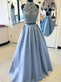 Ball Gown High Neck Sleeveless Floor-Length Applique Satin Two Piece Dresses TPP0001869