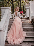 Ball Gown V-neck Court Train Long Sleeves Applique Tulle Wedding Dresses TPP0006335