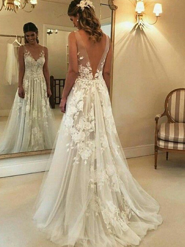 A-Line/Princess V-neck Sleeveless Sweep/Brush Train Applique Tulle Wedding Dresses TPP0005909
