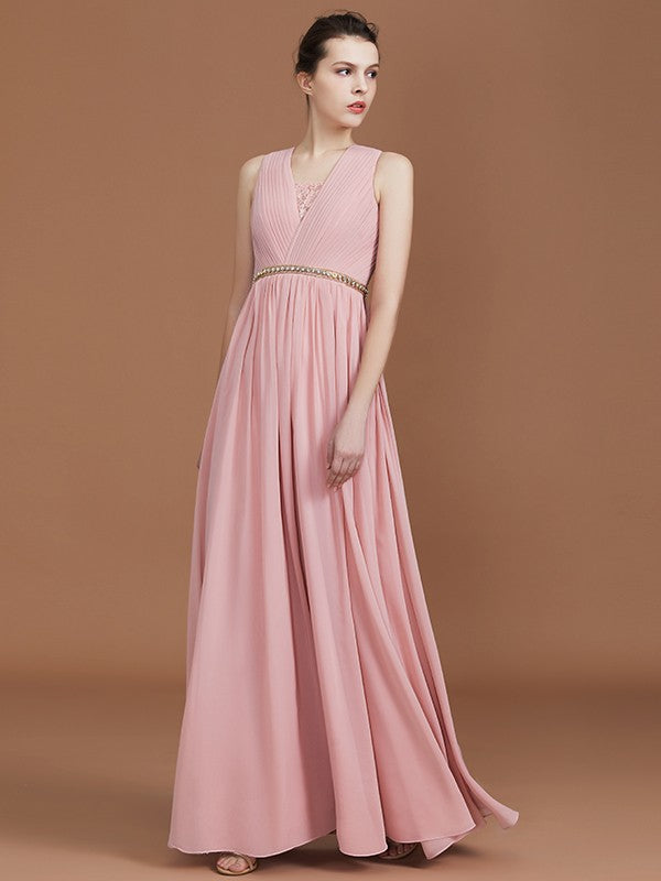 A-Line/Princess Lace Sleeveless Floor-Length Chiffon Ruched V-neck Bridesmaid Dresses TPP0005862