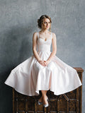 A-Line/Princess Straps Satin Ruffles Sleeveless Tea-Length Wedding Dresses TPP0006974