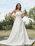 A-Line/Princess Satin Ruched Strapless Sleeveless Sweep/Brush Train Wedding Dresses TPP0007016