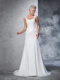 A-Line/Princess Straps Beading Sleeveless Long Chiffon Wedding Dresses TPP0006465