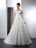 A-Line/Princess Straps Lace Sleeveless Long Satin Wedding Dresses TPP0006589