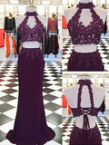 Sheath/Column Halter Applique Floor-Length Sleeveless Spandex Two Piece Dresses TPP0001951
