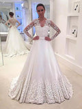 A-Line/Princess V-neck Satin Long Sleeves Sweep/Brush Train Wedding Dresses TPP0006283