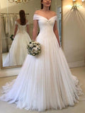 A-Line/Princess Off-the-Shoulder Sleeveless Sweep/Brush Train Ruched Tulle Wedding Dresses TPP0006349