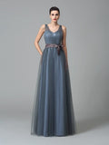 A-Line/Princess Straps Sash/Ribbon/Belt Sleeveless Long Net Bridesmaid Dresses TPP0005595
