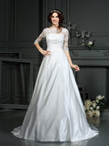 A-Line/Princess Bateau Lace 1/2 Sleeves Long Satin Wedding Dresses TPP0006562